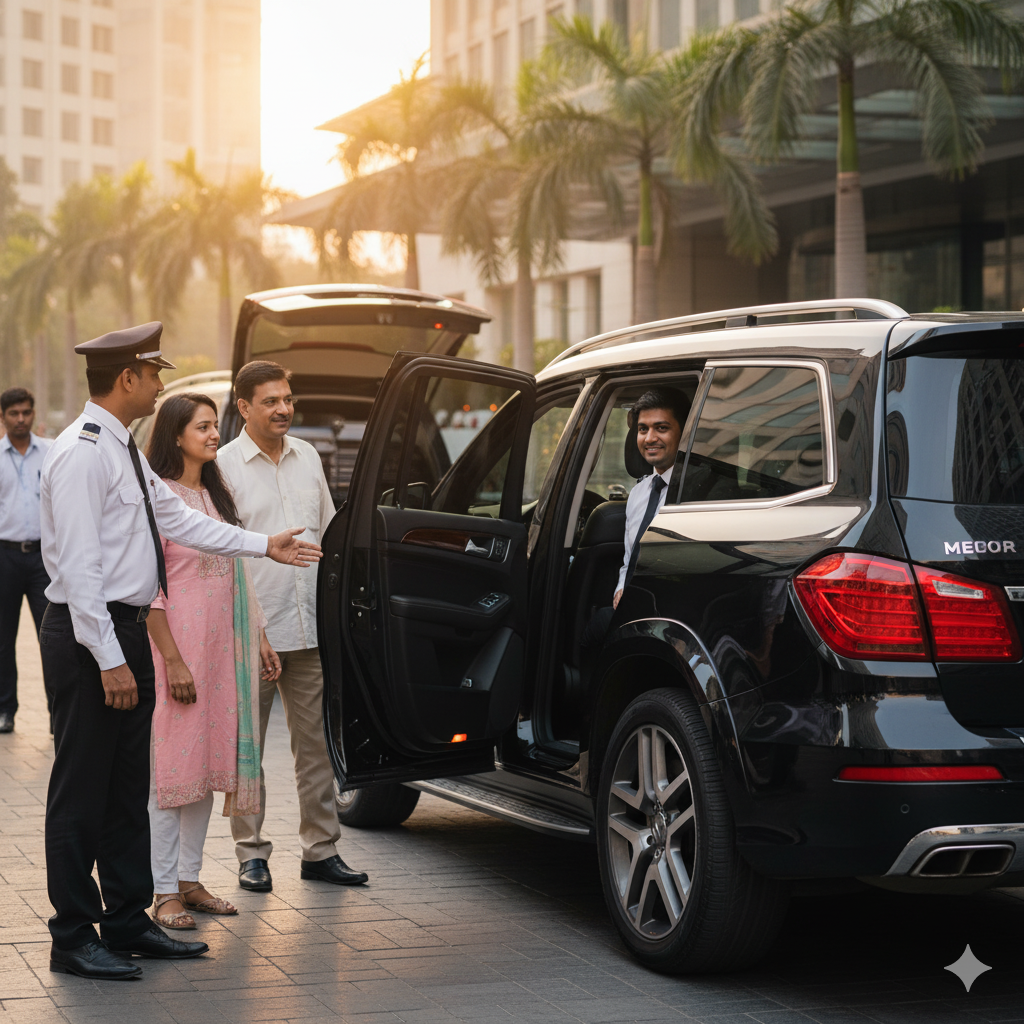 Professional driver greeting guests