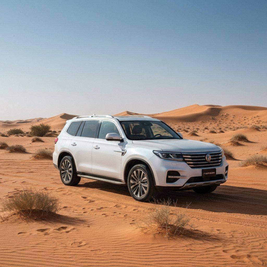 Clean white SUV parked in desert